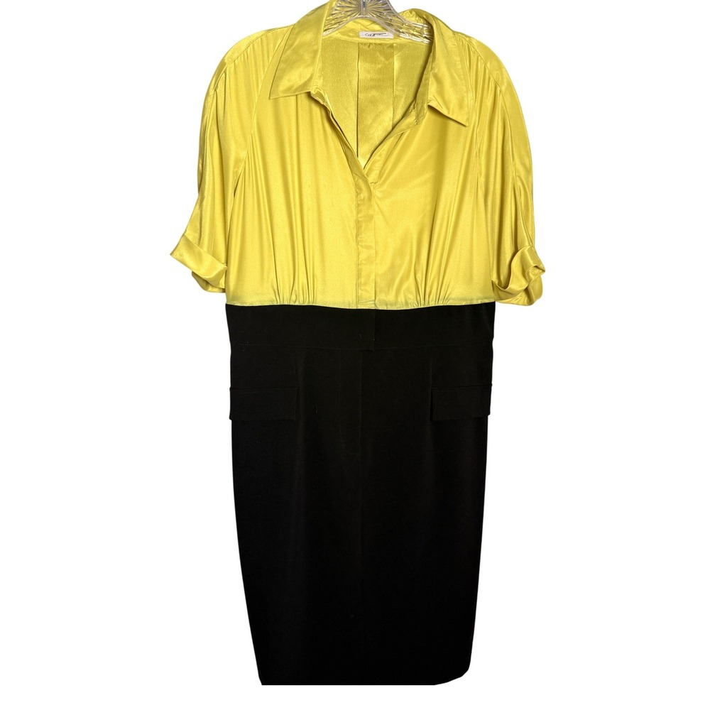 Calvin Klein Colorblock Dress Women 10 Greenish-Yellow/Black Satin Career Chic